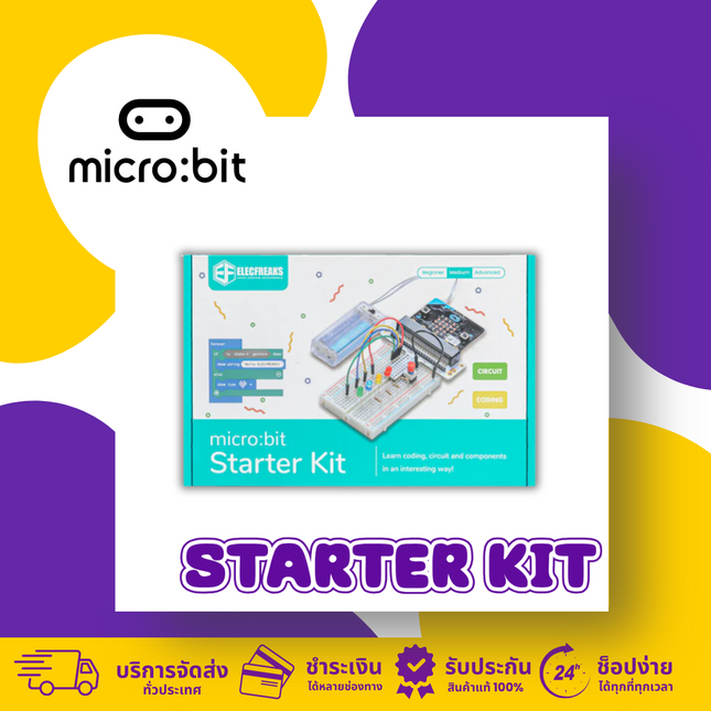 Elecfreaks micro:bit Starter Kit packaging with breadboard, components, and educational graphics.