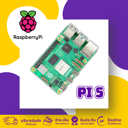 Raspberry Pi 5 motherboard with BCM2712 CPU and HDMI port on a colorful background.