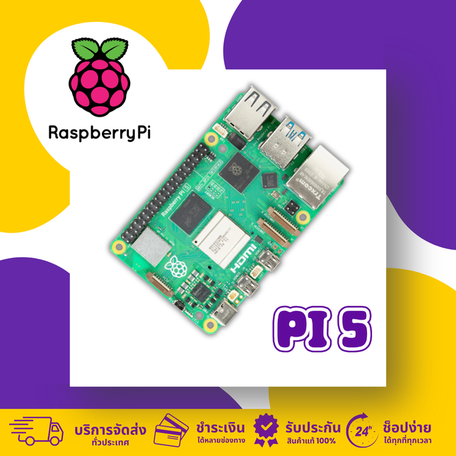 Raspberry Pi 5 motherboard with BCM2712 CPU and HDMI port on a colorful background.