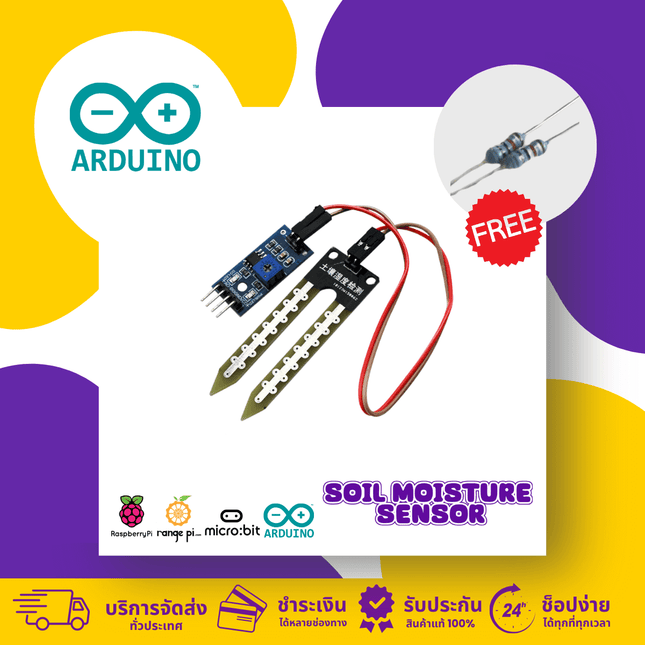 Soil moisture sensor module for Arduino with connected probes and wires, ideal for automation projects.